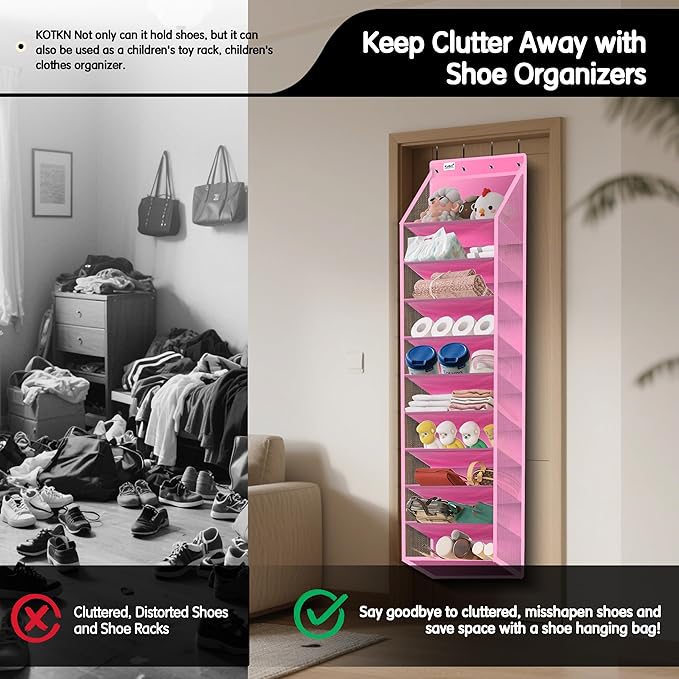 10 Tier Hanging Shoe Rack - Heavy Duty Behind The Door Hanging Shoe Rack, Sturdy Oxford Cloth, 20+ Pairs Over The Door Shoe Cabinet for Boots and Sneakers - Save 50% Closet Space! (Pink)