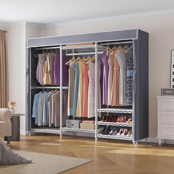 VIPEK V5C Portable Bedroom Armoires Wardrobe Closet with Cover, Heavy Duty Covered Clothes Rack Adjustable Closet Rack, White Metal Clothing Rack with Grey Oxford Fabric Cover, 68.9" Lx15.7 Wx76.4 H
