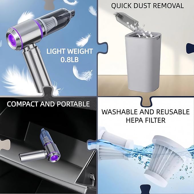 Handheld Car Vacuum Cleaner, 21000PA Rechargeable High Power Cordless Mini Vacuum Cleaner and Blower 4-in-1 with 3 Gear, Vacuum with Brushless Motor for Car, Home, Office, PC