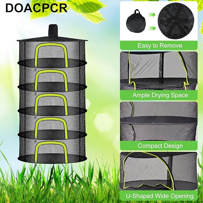 5 Layer Herb Drying Rack, Herb Drying Rack Hanging Mesh, Foldable Bud Drying Net with U-Shaped Zipper, Hooks, for Drying Herbs Plants, Flowers, Fruits, Food, Camping (5 Layers-23.62'')