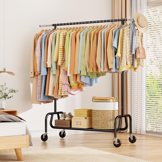 Clothes Rack with Wheels, Rolling Clothing Rack with Shelf, Heavy Duty Clothes Racks for Hanging Clothes, Metal Standing Garment Racks, Black