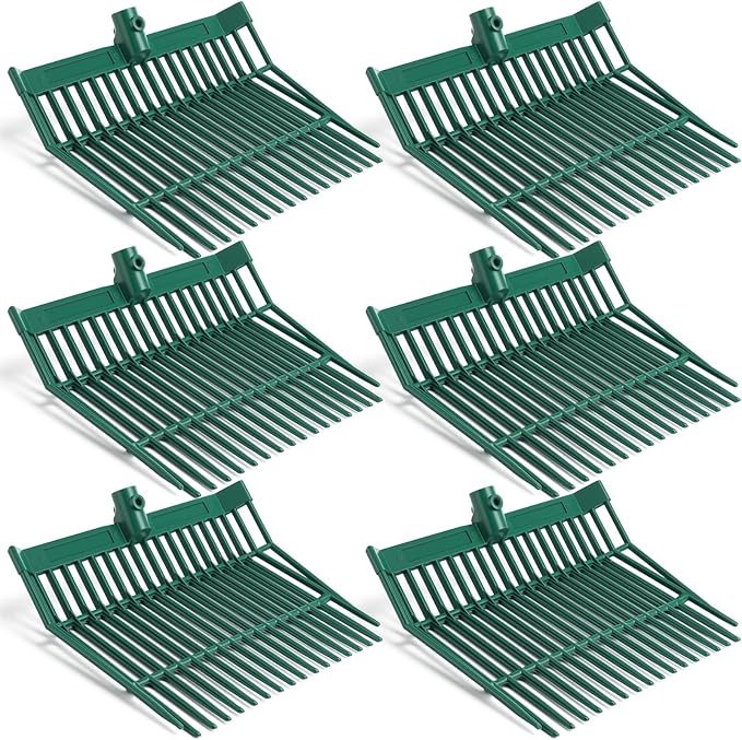 Lasnten 6 Pcs Manure Fork Replacement Head, 18 Tines Pitchfork Head with Screws and Nuts, Horse Manure Rake for Picking up Grass and Hay (Army Green)