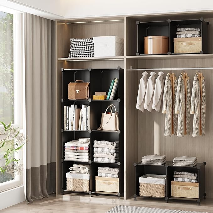 AWTATOS Cube Storage Organizer Closet Storage Shelves DIY Stackable Plastic Storage 12 Cube Bookshelf, Ideal Storage Organizer for Closet, Home, Bedroom, Black