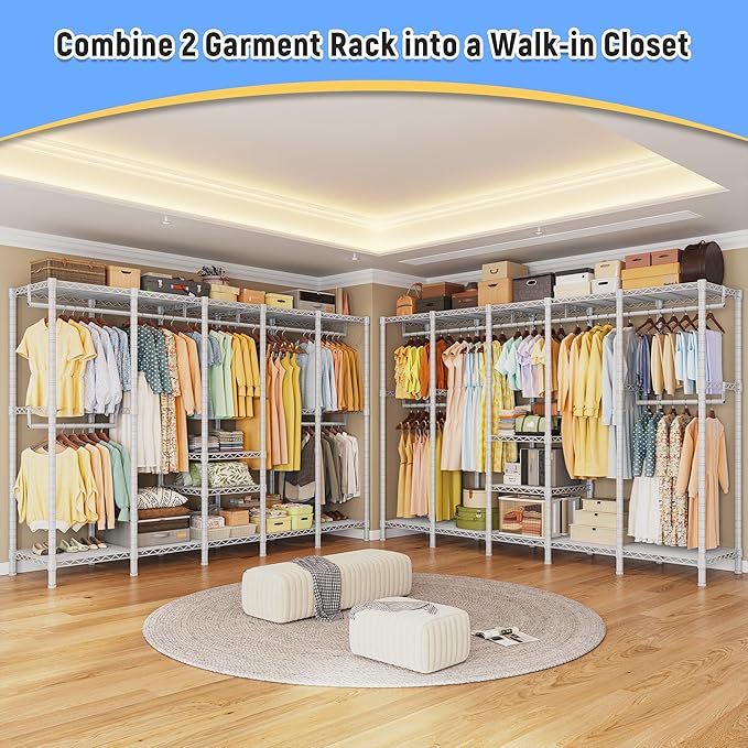 Raybee 88.2" W Clothes Rack Heavy Duty Clothing Racks for Hanging Clothes Extra Wide Portable Closet Loads 1200LBS Freestanding Garment Rack for Bedroom 88.2" W x 75.6" H x 15.7" D, White