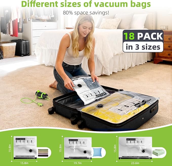Vacuum Bags for Travel - USB Electric Pump, 18 Pack Carry-on Size Vacuum Seal Bags for Clothing - Space Saver Vacuum Storage Bags for Luggage, Travel Essentials.