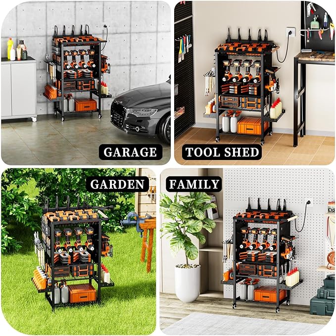 All-Metal Heavy-Duty Power Tool Organizer with Charging Station 8 AC Power Outlet Charging Station Tool Organizer 5 Layers + 5 Side Hooks Integrated Design Tool Organizers and Storage Practical