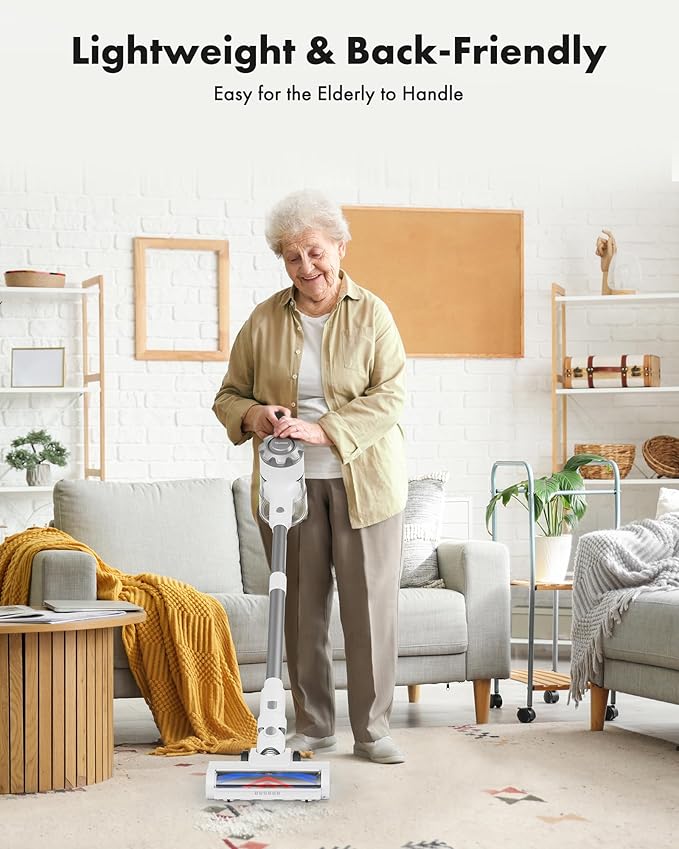 Cordless Vacuum Cleaner, 8-in-1 Lightweight Stick Vacuum with 45mins Runtime, Powerful Suction, Rechargeable Cordless Vacuum for Carpet, Tile, Pet Hair, Hardwood Floors, White