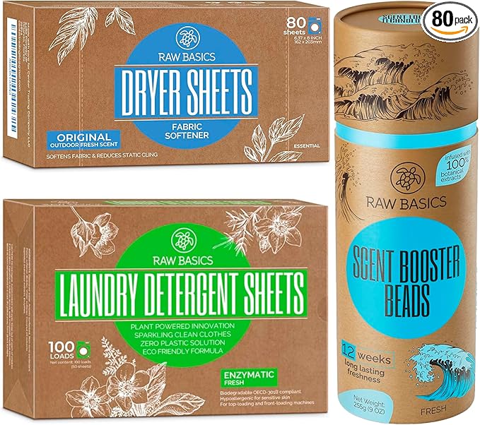 RAW BASICS Dryer Sheets, 80 Bulk Loads, and Scent Boosters for Washer, Fresh Aroma, and Laundry Detergent Sheets