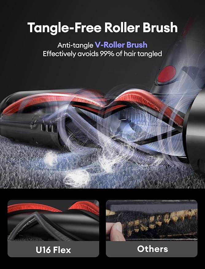Ultenic Cordless Vacuum Cleaner, 550W/50Kpa, 60Mins Runtime, 180°Bendable Wand, Anti-Tangle Brush, Stick Vacuum Cordless with Charging Dock, Handheld Vacuum for Pet Hair/Carpet/Floor/Car, U16 Flex