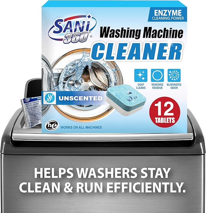 SANI 360° Washing Machine Cleaner, 12 Month Supply is Formulated with Enzyme, Deep Cleans and Deodorizes Front and Top Loading Washers