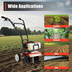 52cc 2 Stroke Gas Mini Tiller Cultivator, 1700W Garden Tiller with Widened Mud Flap and 4 Steel Tines, Gas Powered Garden Tiller Cultivator for Garden, Lawn, Soil Cultivation, 6500-7000RPM