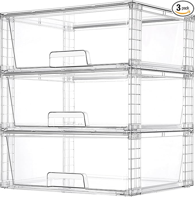 Vtopmart 3 Pack Large Stackable Storage Drawers,Easily Assemble Clear Acrylic Bathroom Closet Undersink Organizers,Plastic Storage Bins for Cabinet,Kitchen Pantry,Medicine Organization