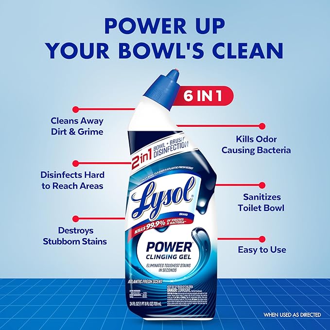 Lysol Toilet Bowl Cleaner, Max Strength Bathroom Cleaning Supplies, Toilet Bowl Cleaner Clinging Gel, Disinfecting and Deodorizing, Bleach Free, Atlantic Fresh + Forest Rain 24 oz (4 ct)