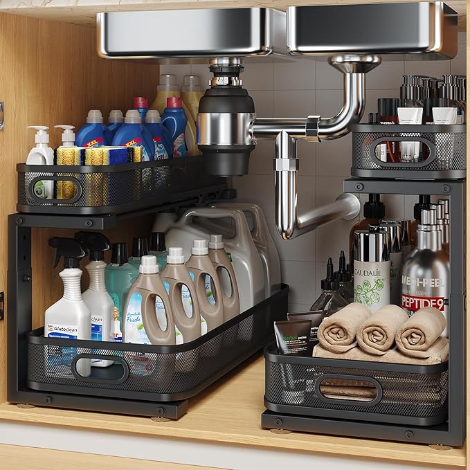 2 Pack 19.3IN-Depth Under Sink Organizer with Smooth Cylindrical Rail,2-Tier Pull Out Multi-Purpose Cabinet Storage for Bathroom&Kitchen,Height Adjustable,Rust-Resistant Coating-Black