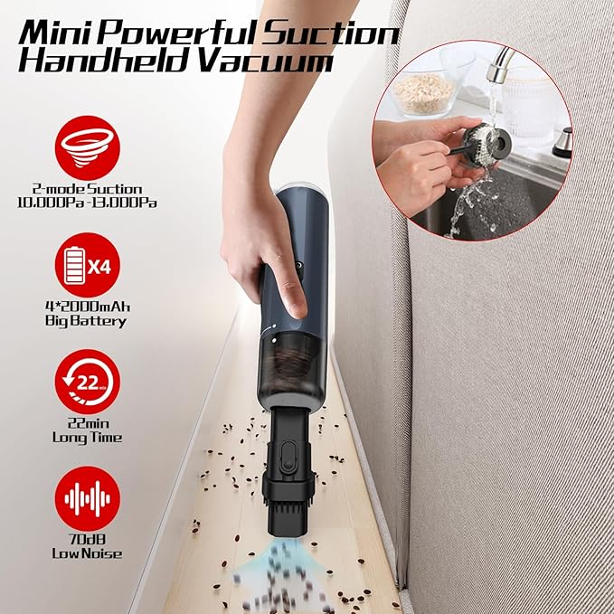 Chuboor Car Vacuum Cleaner High Power Cordless Rechargeable, 16000PA Powerful Handheld Vacuum, Portable Mini Vacuum with LED SOS Light, Small Hand Held Vacuuming Cordless, Dust Busters(P16-Blue)