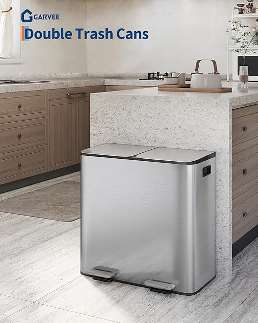 GarveeHome 2 x 10.6 gal Stainless Steel Double Trash Can with Lid for Kitchen, Large Dual Trash and Recycle Bin Combo, Step-on Kitchen Metal Garbage Cans, PP Inner Buckets, Liner Rim, Silver