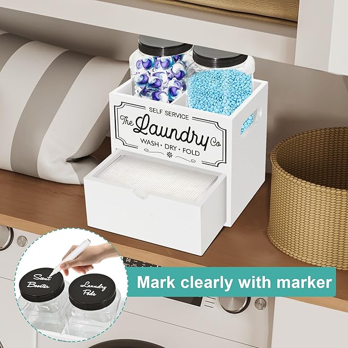 Dryer Sheet Container for Laundry Room Organization, Laundry Pods Container Include 2 Plastic Jars with Lids for Storage, Drying Ball and Laundry Detergent Dispenser, Laundry Room Decor