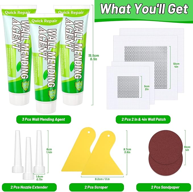 Mckanti Drywall Repair Kit - Spackle & Patch for Wall Holes, Includes 4 Pcs Drywall Patch, Sandpaper, Scraper