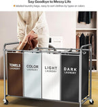 ROMOON Laundry Hamper Sorter Cart: 4-Section Organizer with Heavy-Duty Lockable Wheels and Removable Bags | 180L Rolling Laundry Basket for Dirty Clothes in Laundry Room or Small Spaces (Multicolor)
