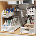 2 Pack 19.3IN-Depth Under Sink Organizer with Smooth Cylindrical Rail,2-Tier Pull Out Multi-Purpose Cabinet Storage for Bathroom&Kitchen,Height Adjustable,Rust-Resistant Coating-White