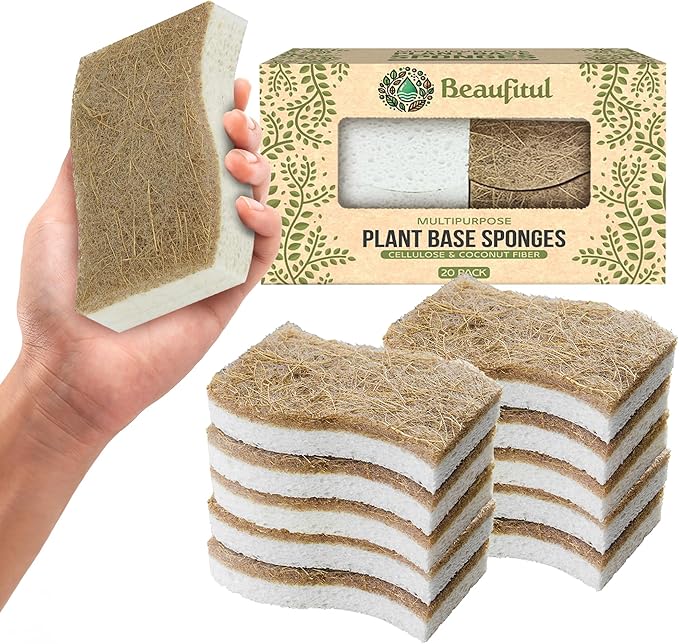 BEAUFITAL 20 Count Non-Scratch Natural Kitchen Sponge, Biodegradable Compostable Cellulose Coconut Scrubber, Eco Friendly Sponges for Dishes, Non-Stick Cookware, Bathroom, Heavy-Duty Cleaning