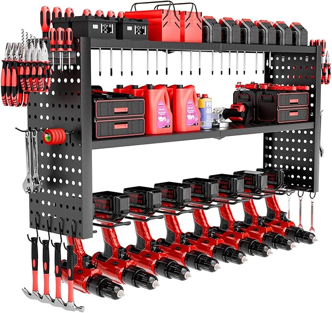 Power Tool Organizer Wall Mount, 3 Layer Heavy Duty Garage organizer Loads 260lbs, Tool Organizers with 8 Drill Hanger, Battery Tools Holder Garage Storage Organization for Workbench, Pegboard, Shed