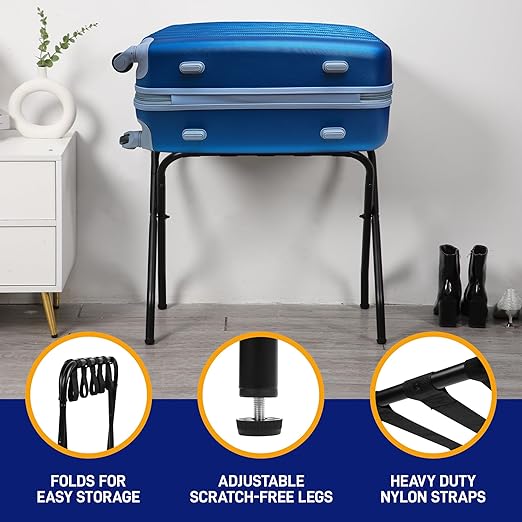 Lifemaster Metal Luggage Rack - Pack of 4 Foldable, Easy Assembly, Space Saving, and Stylish Steel Frame Guest Suitcase Stands with Nylon Straps - Black