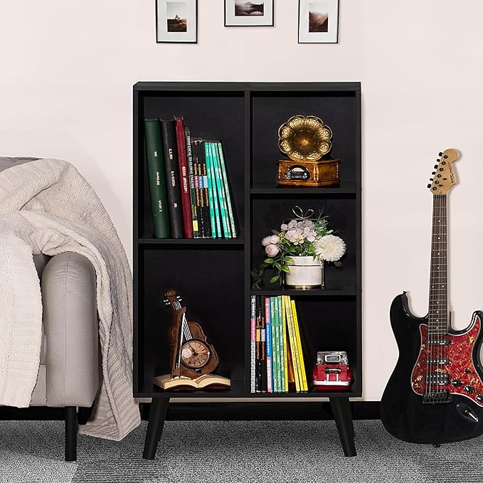 YAHARBO Small Black Narrow Bookshelf,3 Tier Modern Bookcase with Legs,Bookshelves Wood Storage Shelf,Rustic Book Shelves Cube Organizer,Display Bookcase