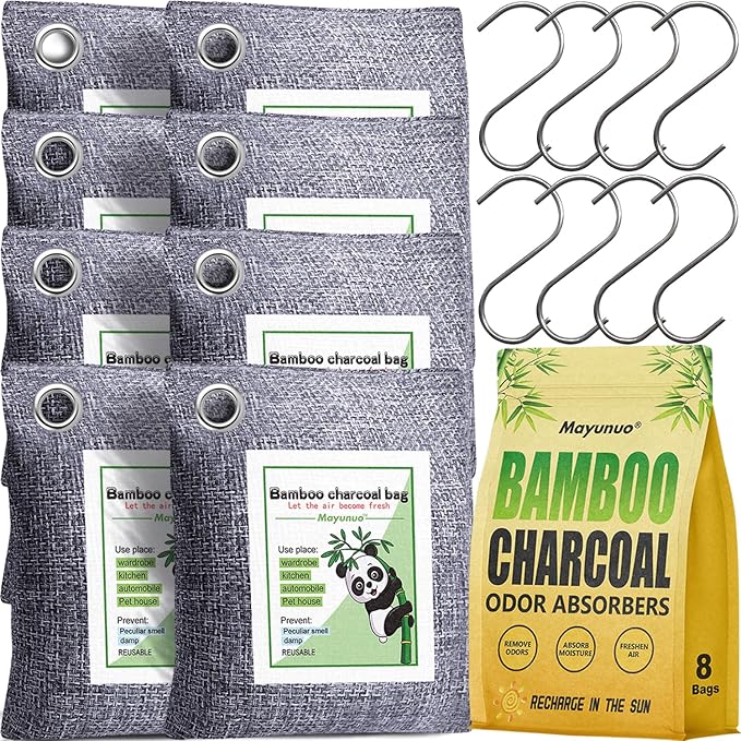 Activated Charcoal Odor Absorber for Strong Odor in Basement, Cars, Closets, Smoke, Shoes. 8 Pack Bamboo Charcoal Air Purifying Bags Deodorizer Odor Eliminator for Home
