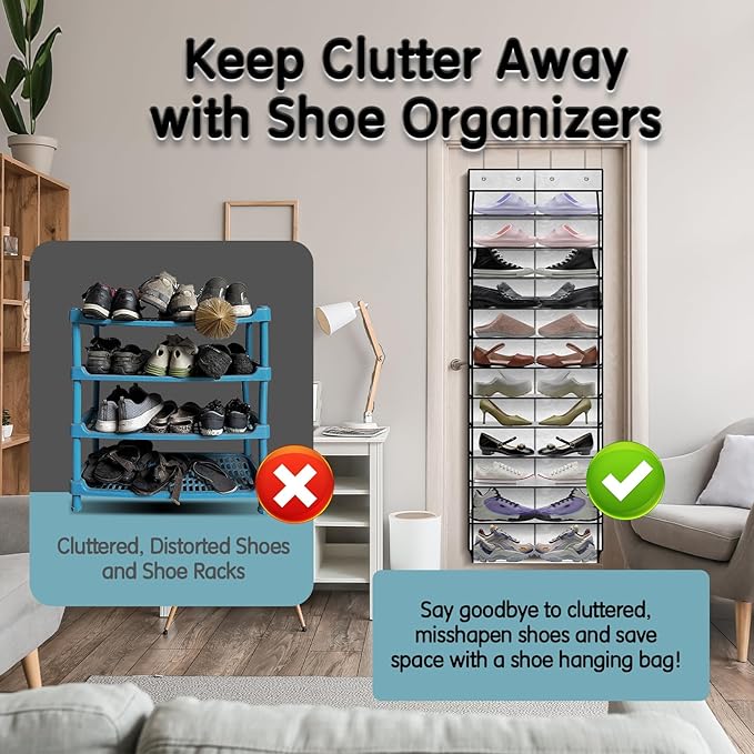 Over The Door Shoe Organizer with 12 Large Clear Pockets - Durable Hanging Storage for Family Shoes - White