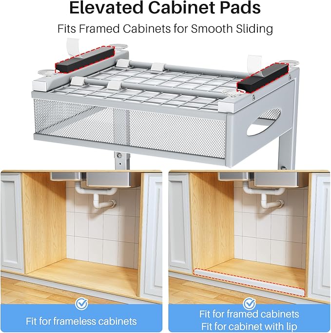 Under Sink Organizer, 2 Tier Pull Out Under Cabinet Organizer Shelf with Pad for Framed Cabinets, Metal Slide Out Under Sink Storage, Mesh Sliding Drawers for Kitchen Bathroom Laundry(Grey, 1 Pack)