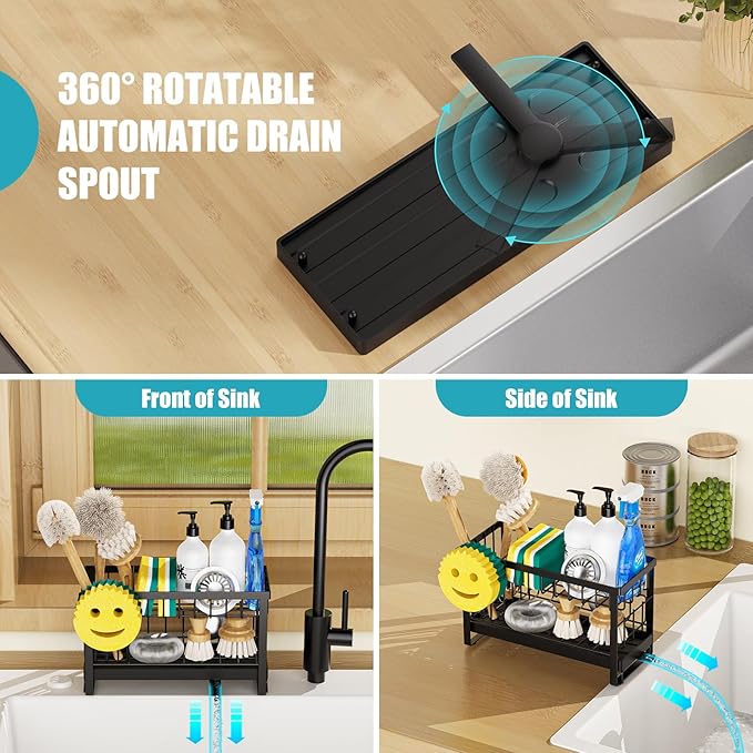 Sponge Holder for Kitchen Sink with Flexible Smiley Face, 2 Tier Kitchen Sink Organizer, Countertop and Storage Essentials, Soap Dispenser Organizer, Home Decor Accessories - Black