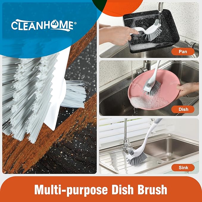 4-Pack Heavy-Duty Dish Scrub Brushes with Stiff Non-Scratch Bristles & Long Handle - Multi-Purpose Kitchen Cleaning Brushes for Pots, Pans, Bottles, Deep Cleaning