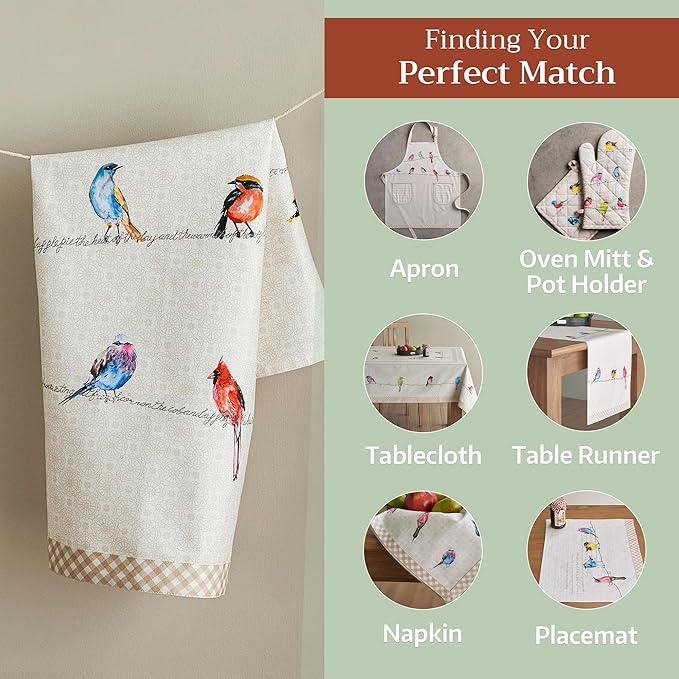 Maison d' Hermine Kitchen Towels Set of 2 100% Cotton 27.50" x 20" Reusable Cloth Tea Dish Towels Absorbent with Hanging Loop for Kitchen, Dining, Cocktail Parties Spring/Summer (Birdies on Wire)