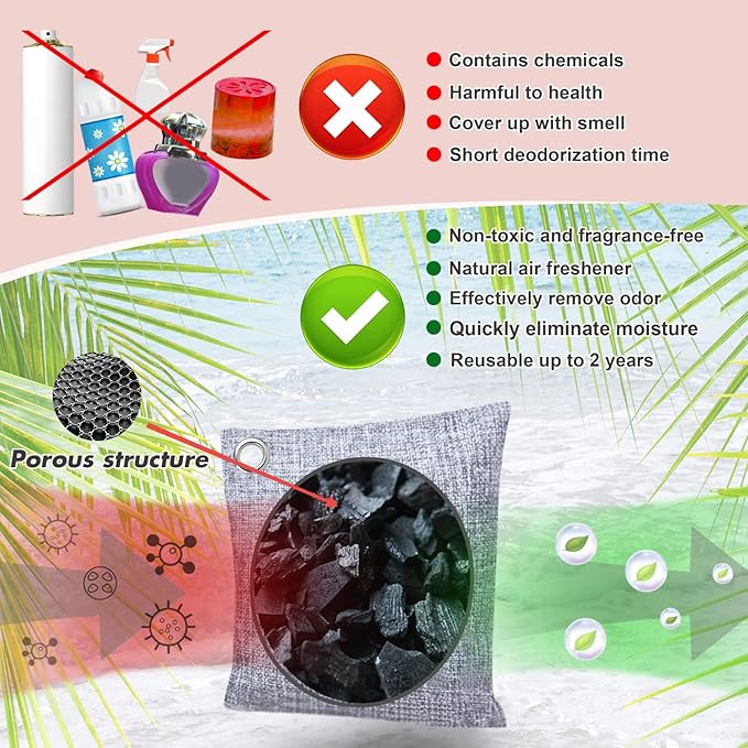 Activated Charcoal Odor Absorber for Strong Odor in Basement, Cars, Closets, Smoke, Shoes. 8 Pack Bamboo Charcoal Air Purifying Bags Deodorizer Odor Eliminator for Home