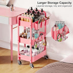 3 Tier Pink Rolling Cart with Lockable Wheels, Metal Utility Carts Organizer on Wheels for Kitchen, Nursery, Snack, Bedside Cart for Baby Essentials, Easy Assemble Mobile Storage Roller Trolley