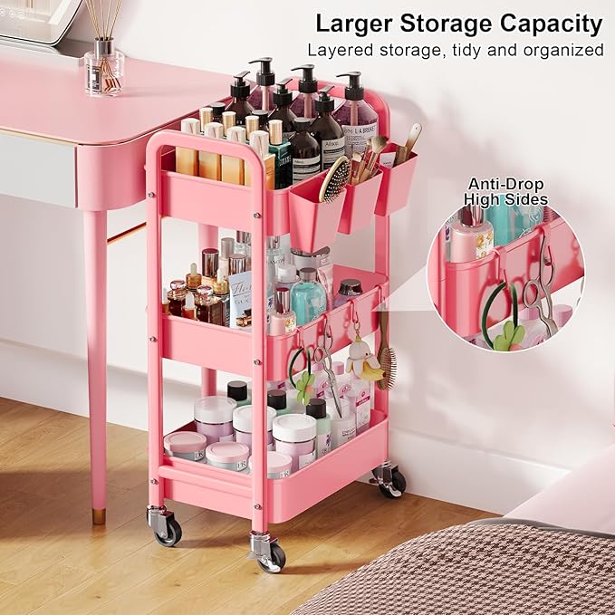 3 Tier Pink Rolling Cart with Lockable Wheels, Metal Utility Carts Organizer on Wheels for Kitchen, Nursery, Snack, Bedside Cart for Baby Essentials, Easy Assemble Mobile Storage Roller Trolley