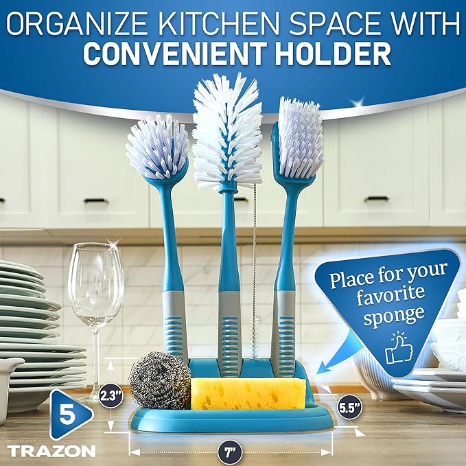 Dish Brush Set of 5 with Convenient Holder, Bottle Water Brush, Dish Scrub Brush, Scrubber Brush and Straw Brush - Kitchen Scrub Brushes Non Slip Long Handle for Sink Dishes Cup Pot