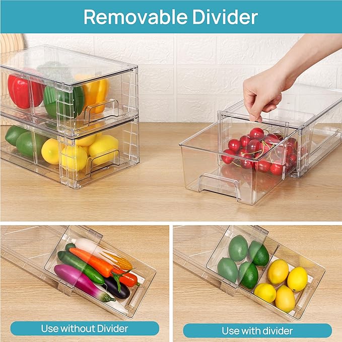 Vtopmart 4 Pack Stackable Storage Drawers,Clear Acrylic Drawer Organizers with Handles, Easily Assemble for Fridge, Bathroom,Kitchen Undersink,Cabinet,Pantry Organization and Storage