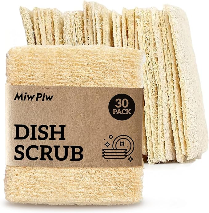 Natural Loofah Dish Sponge (Pack 30) Multipurpose Dish Sponges - 100% Biodegradable Compostable Dishwashing Scouring Pad Zero Waste (2.75" x 2.75" Each)