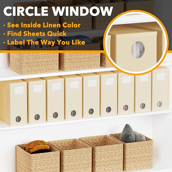 SpaceAid 9 Pack Bed Sheet Organizers and Storage, Foldable Sheet Organizer with Window for Linen Closet, Set Folder Keeper for Queen & King Size Bedding Storage (Beige)