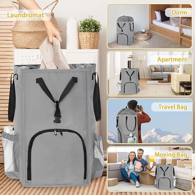 110L Backpack Laundry Bag, Laundry Backpack Heavy Duty with Shoulder Straps, Collapsible and Mesh Pocket Back to School Supplies Hamper Bag for College, Travel, Laundromat, Apartment Grey