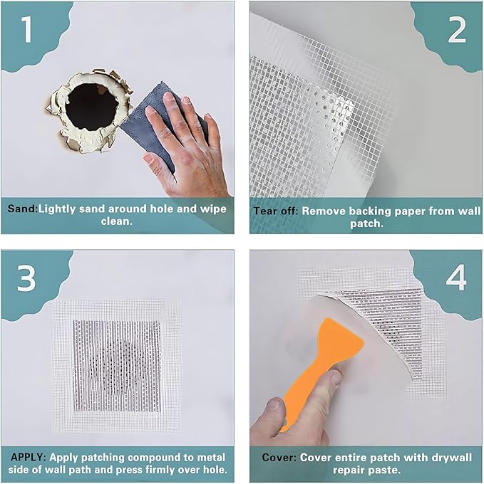 4 Pcs Drywall Repair Kit 12×12 Inch Wall Patch Repair Kit, Hole Patching Kit Wall Drywall with Scraper Dry Wall Patch Kits Self Adhesive Aluminum Mesh