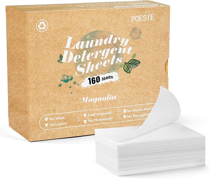 Poesie Laundry Detergent Sheets Magnolia Scent 160 Sheets 80 Large Loads Liquidless Effective Cleaning Zero Waste for All Washing Machine Traveling Dorm Life Save Space