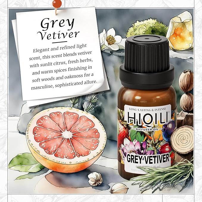 HIQILI Grey Vetiver Diffuser Oil, Fast Diffusion for Large Spaces, Pet - Safe, Suitable for Home and Other Scenarios - 0.34 Fl Oz