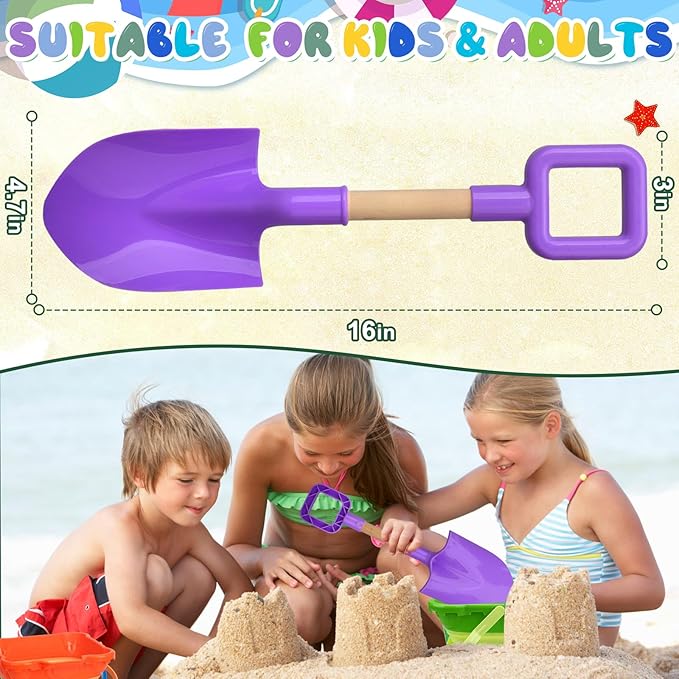 Long Beach Shovel Sand Spades Wood Handle, Sturdy Scoop Sandbox Toys for Kids Adults, Garden Backyard Planting Tools Kit for Digging, ABS Plastic Spade Beach Essential - Yellow Purple