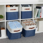 HNZIGE Fabric Cube Storage Bins Basket Set of 4, Closet Storage Cubes with Handles, Organizing Home Office (White Blue)