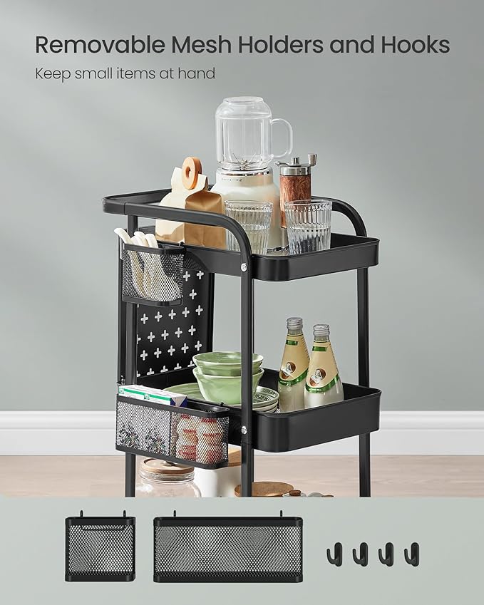 SONGMICS 3-Tier Storage Cart, Rolling Utility Cart, Metal Mesh Shelves, 2 Removable Pegboards, 2 Hanging Holders, 4 Hooks, Craft Cart for Living Room, Kitchen, Office, Bathroom, Ink Black ULRC037B01