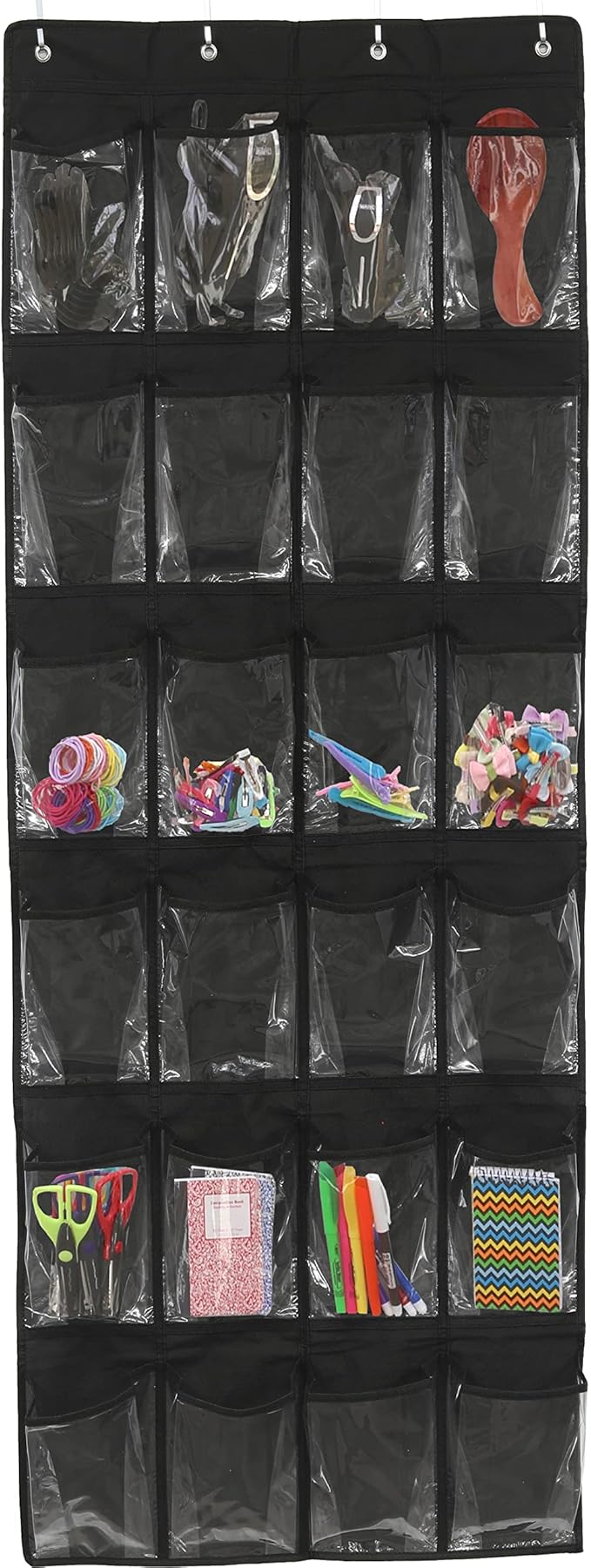 Simple Houseware 24 Pockets - Crystal Clear Over The Door Hanging Shoe Organizer, Black (64'' x 19'')