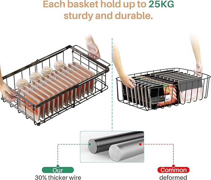 UMDONX Freezer Organizer Bins – Expandable from 11.2" to 17.7", Fit 5–10 Cu.Ft Chest Freezer, Hanging Storage Baskets for Deep Freezer, Easy Slide Access, 2 Pack (Black)